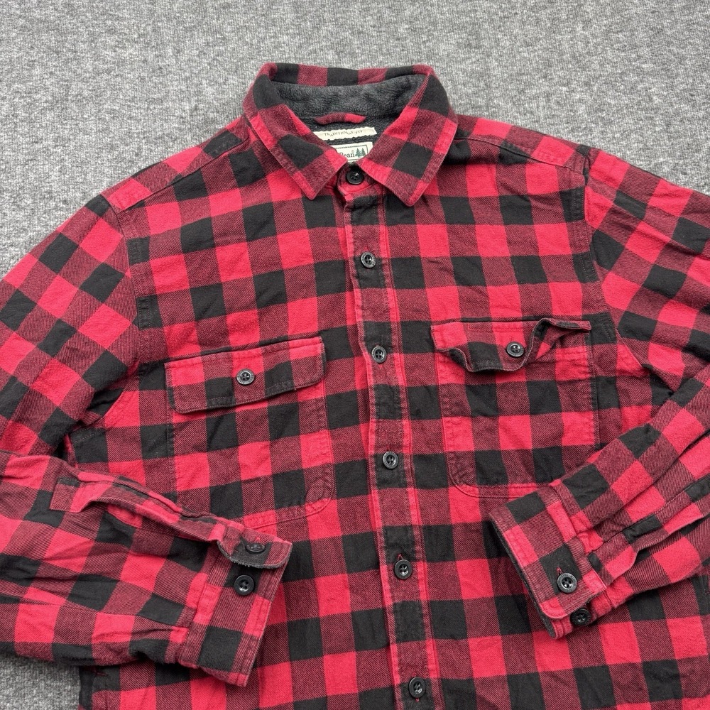 LL Bean Fleece Lined Flannel Shirt Jacket Shacket Red Buffalo Plaid Mens Sz S